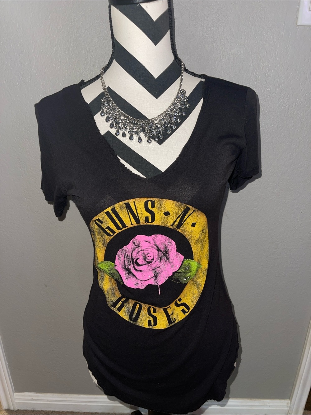 Bravado Black V-Neck Tee with Guns N Roses Emblem